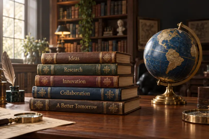 Books titled Ideas, Research, Innovation, Collaboration and A Better Tomorrow beside a globe